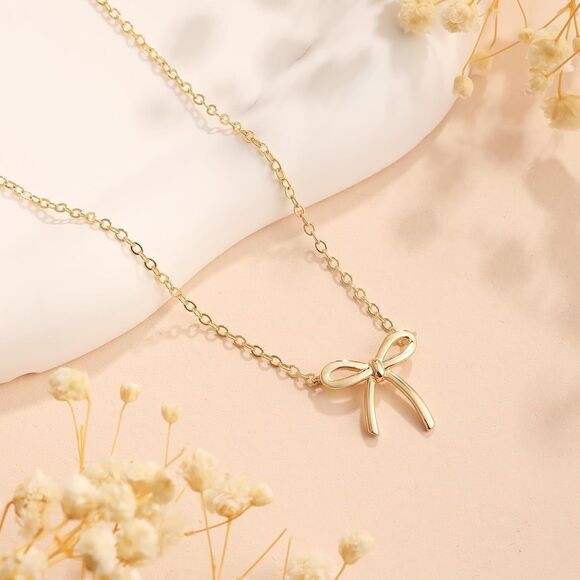 Bow Necklace Gold NecklaceCoquette 14K Gold Plated Dainty Gold Necklace Pendant - Picture 1 of 7